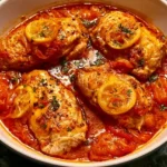 Preserved Lemon and Tomato Chicken: A Flavorful Delight 5 Skillet preserved lemon and tomato chicken breasts served with cherry tomatoes and fresh oregano.