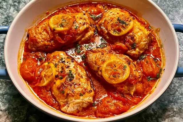 Preserved Lemon and Tomato Chicken: A Flavorful Delight 3 Skillet preserved lemon and tomato chicken breasts served with cherry tomatoes and fresh oregano.