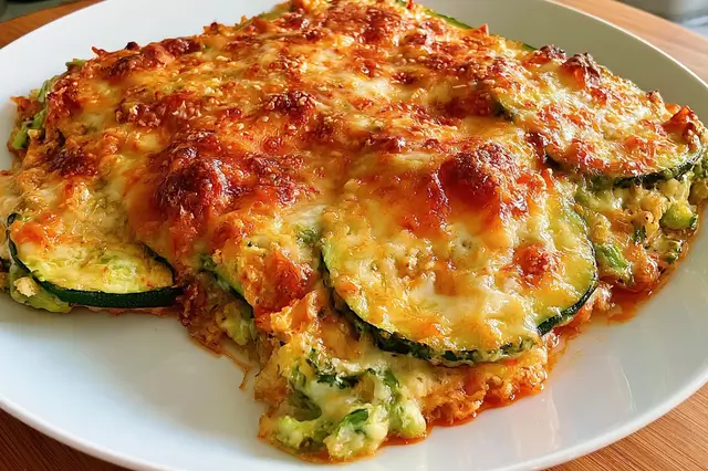 Baked no-fry easy zucchini parmesan topped with garlic, oregano, and melted cheese.