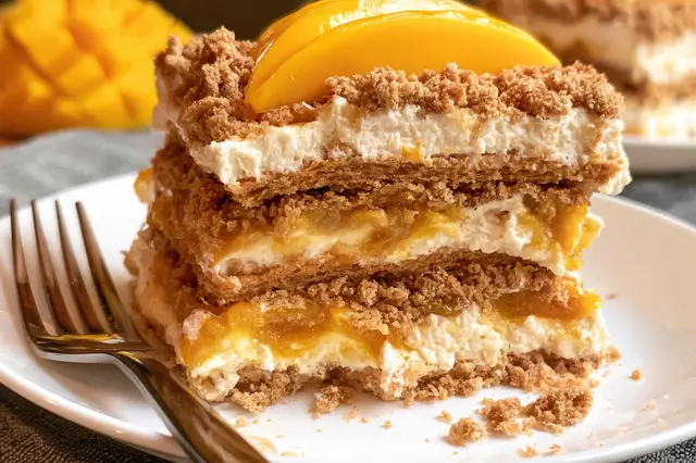 Creamy no-bake mango float layered with fresh mango slices and graham crackers