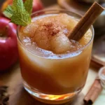 Frozen blended apple cider bourbon slush garnished with a cinnamon stick and fresh apple slice