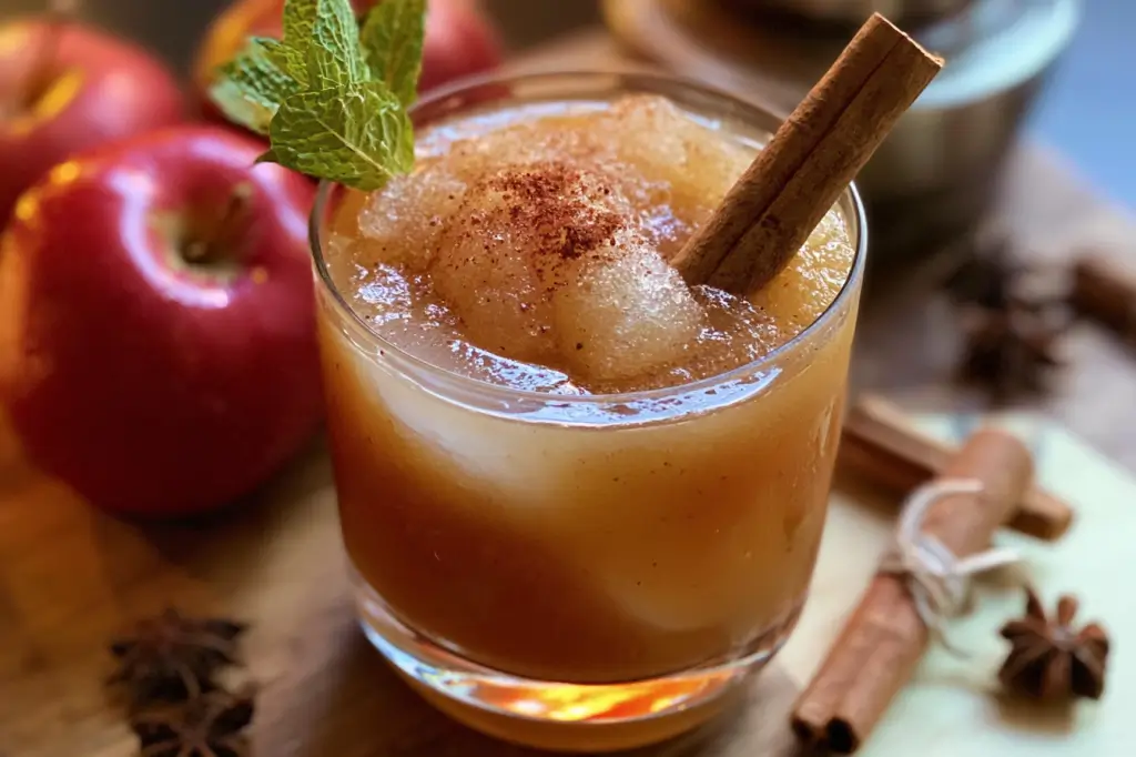 Frozen blended apple cider bourbon slush garnished with a cinnamon stick and fresh apple slice