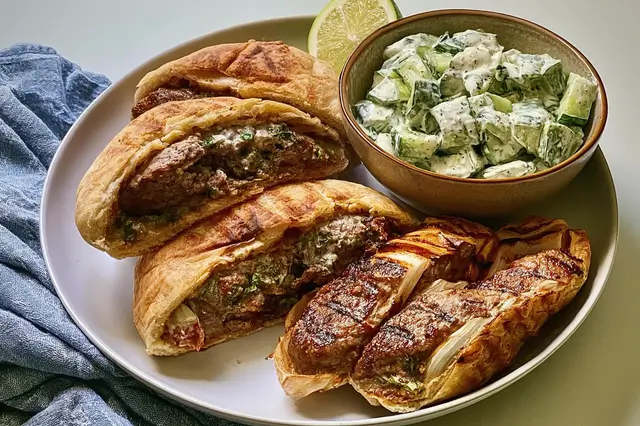 beef arayes with cucumber salad