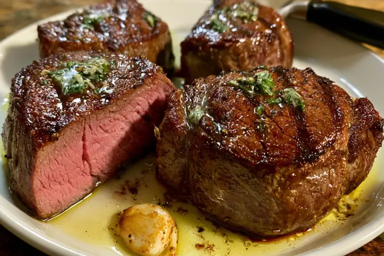 Grilled filet mignon steak topped with rich, melting garlic butter and fresh parsley.