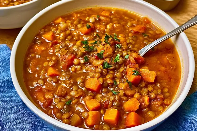 Hearty bowl of lentil soup made with lentils, carrots, celery, and tomatoes.