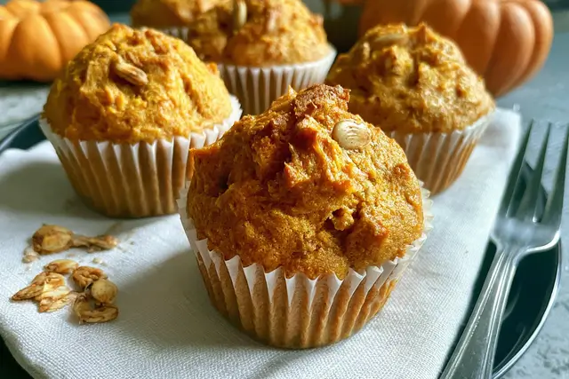 Freshly baked healthy Greek yogurt pumpkin muffins made with whole wheat flour and autumn spices