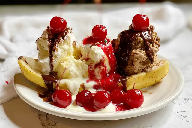 Classic banana split with ice cream, banana, whipped cream, and cherries.