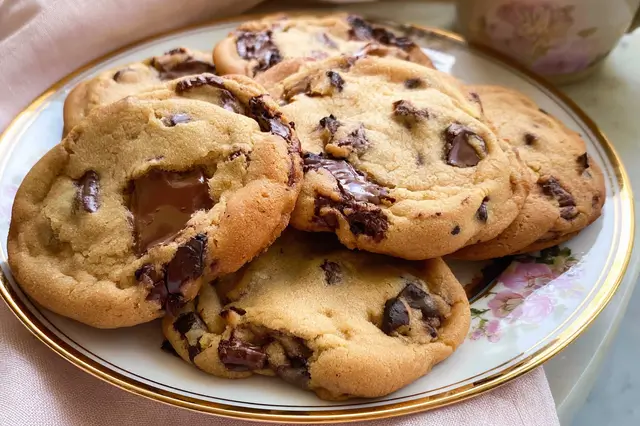 Warm, freshly baked classic chocolate chip cookies with gooey chocolate chips.