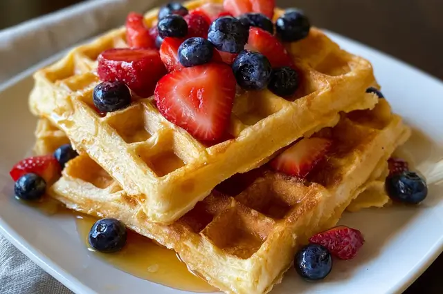 Golden fluffy waffles made with warm milk, melted butter, and vanilla extract.