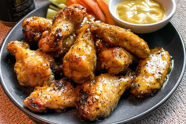 Crispy baked honey mustard chicken wings tossed in a sweet and tangy sauce.