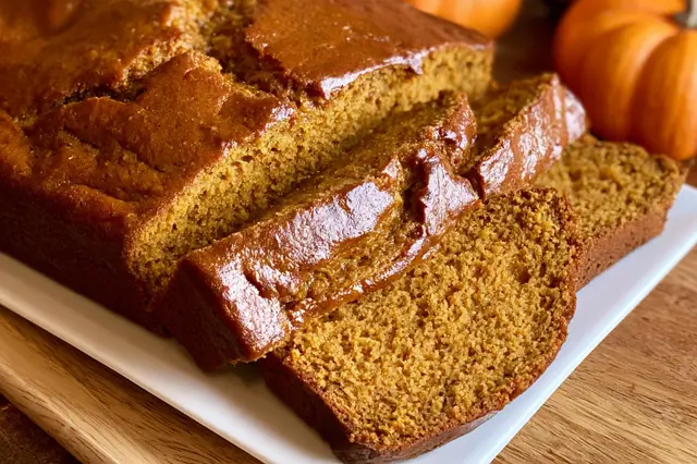 A freshly baked loaf of classic spiced pumpkin bread cooled on a table.
