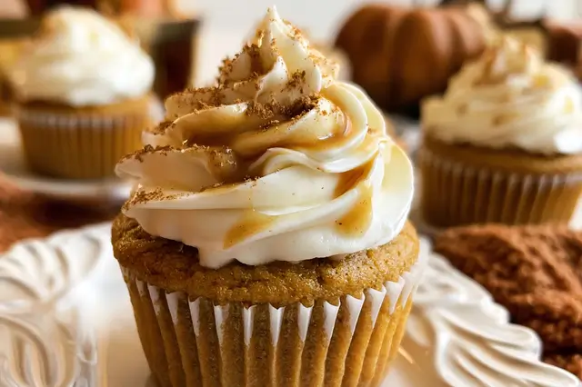 Freshly baked pumpkin spice latte cupcakes topped with swirl of espresso buttercream frosting.