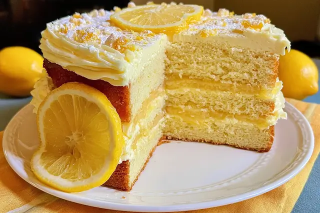 Two-layer lemon velvet cake with creamy yellow frosting and fresh lemon zest.