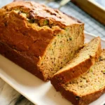 Freshly baked moist classic zucchini bread loaf with walnuts baked to a golden brown.