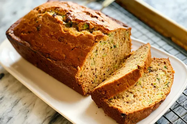 Freshly baked moist classic zucchini bread loaf with walnuts baked to a golden brown.
