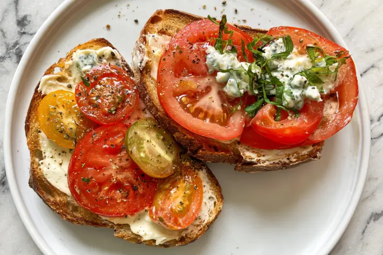 Tomato Picnic Toast with Blue Cheese Mayo: A Flavor Burst! 3 Toasted sourdough slice spread with blue cheese mayo and topped with sliced heirloom tomatoes and chives.