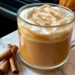 Warm homemade pumpkin chai latte topped with whipped cream and a cinnamon stick garnish