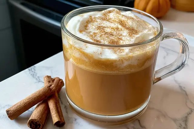 Warm homemade pumpkin chai latte topped with whipped cream and a cinnamon stick garnish