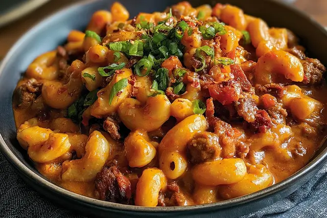 Elbow macaroni in spicy Sichuan tomato pork sauce topped with melted cheddar and green scallions.