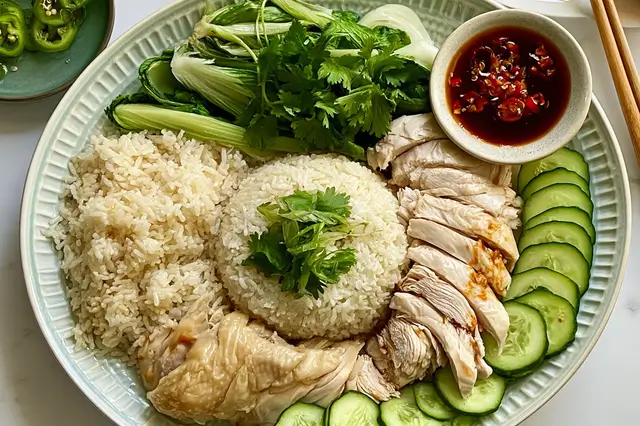 Poached chicken served with fragrant rice, baby bok choy, cucumber slices, and dipping sauces.