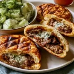 Crispy grilled beef arayes pita pockets served with a cool creamy cucumber salad.