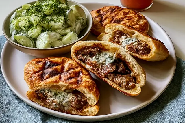 Crispy grilled beef arayes pita pockets served with a cool creamy cucumber salad.