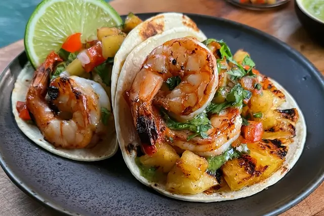 Warm tortillas filled with grilled shrimp, charred pineapple, shredded red cabbage, and cotija cheese.