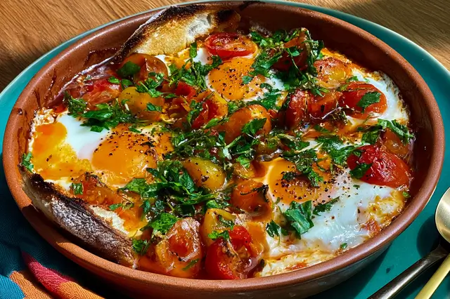 Turkish-style eggs and tomatoes with Greek yogurt, chili flakes, mint, and sourdough bread.
