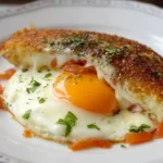 Crispy Mozzarella Eggs: A Delightful Breakfast Treat 3 Crispy Mozzarella Eggs on a Plate – Delicious Breakfast Idea