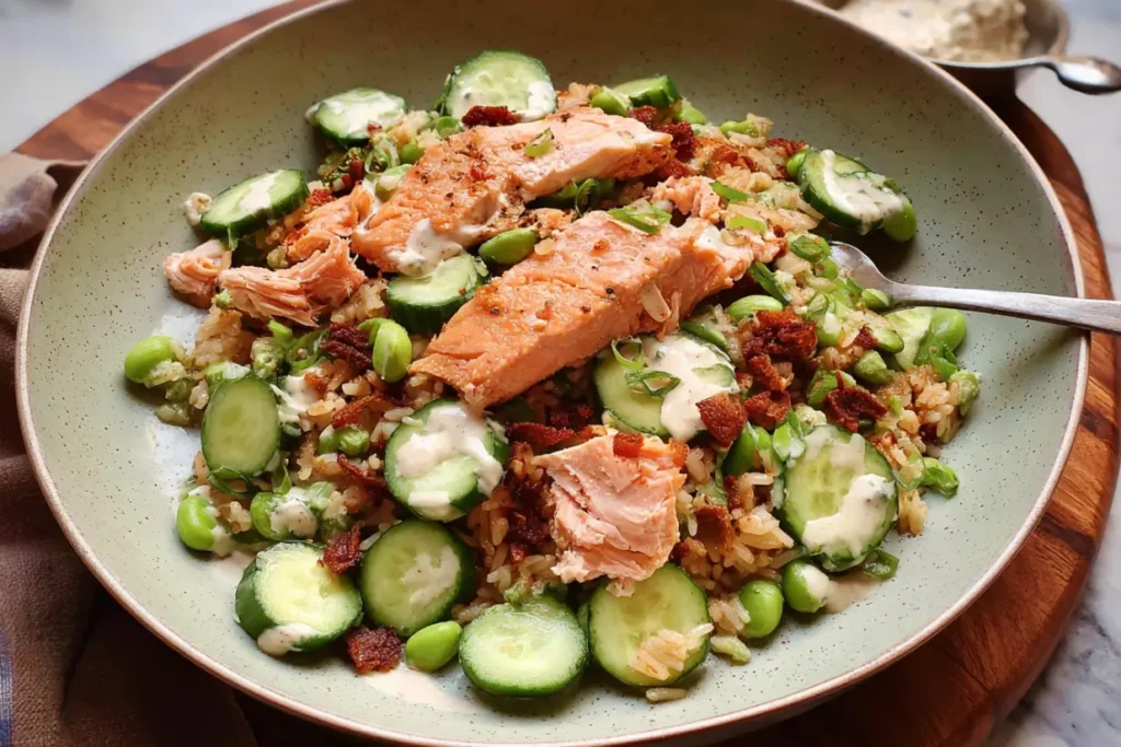 Crispy Rice Salmon Cucumber Salad with Creamy Asian Dressing Delight