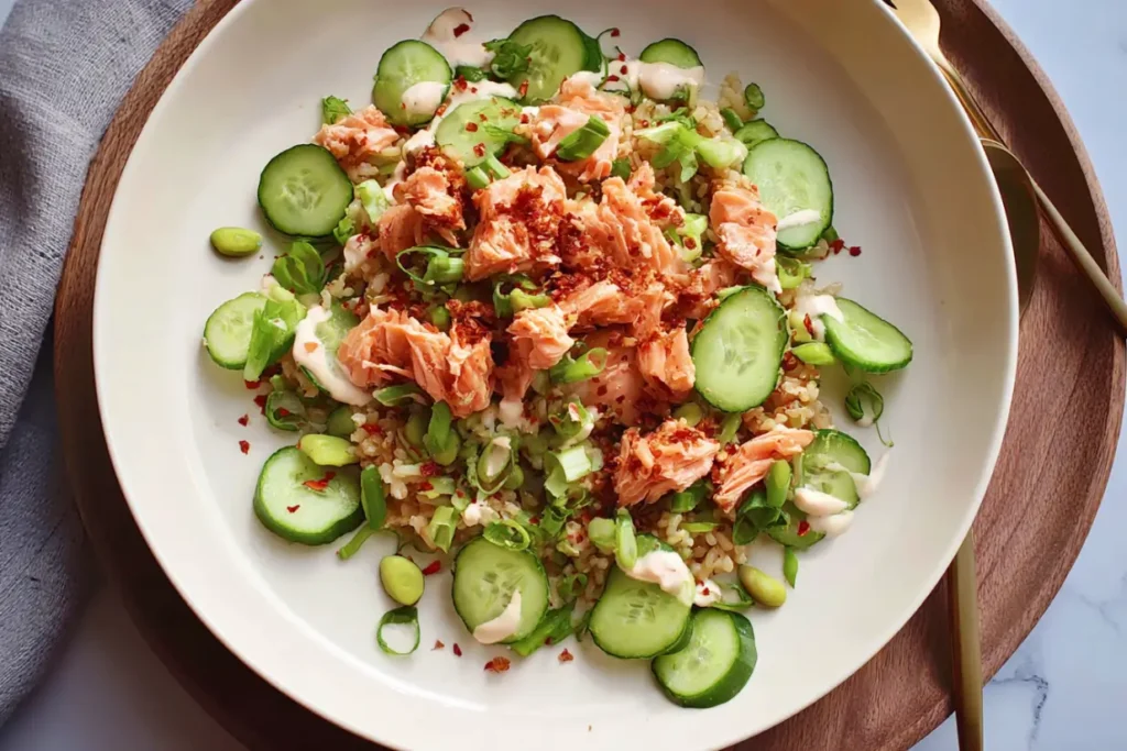 Crispy Rice Salmon Cucumber Salad with Creamy Asian Dressing Delight