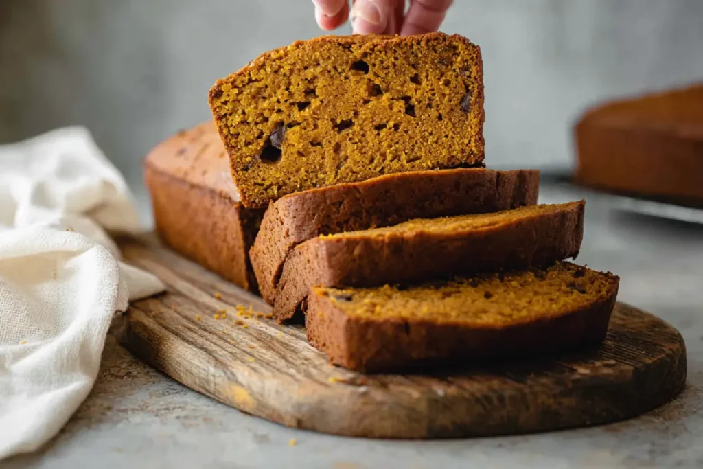A Slice of Gluten-Free Pumpkin Bread on a Wooden Plate