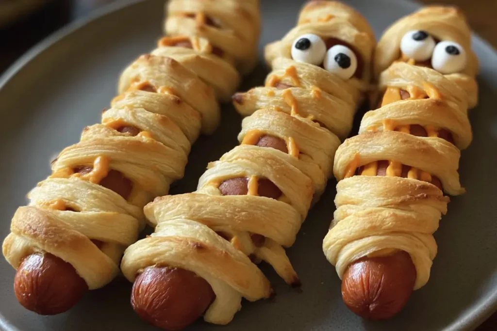 Delicious Hot Dog Mummies on a Halloween Platter 