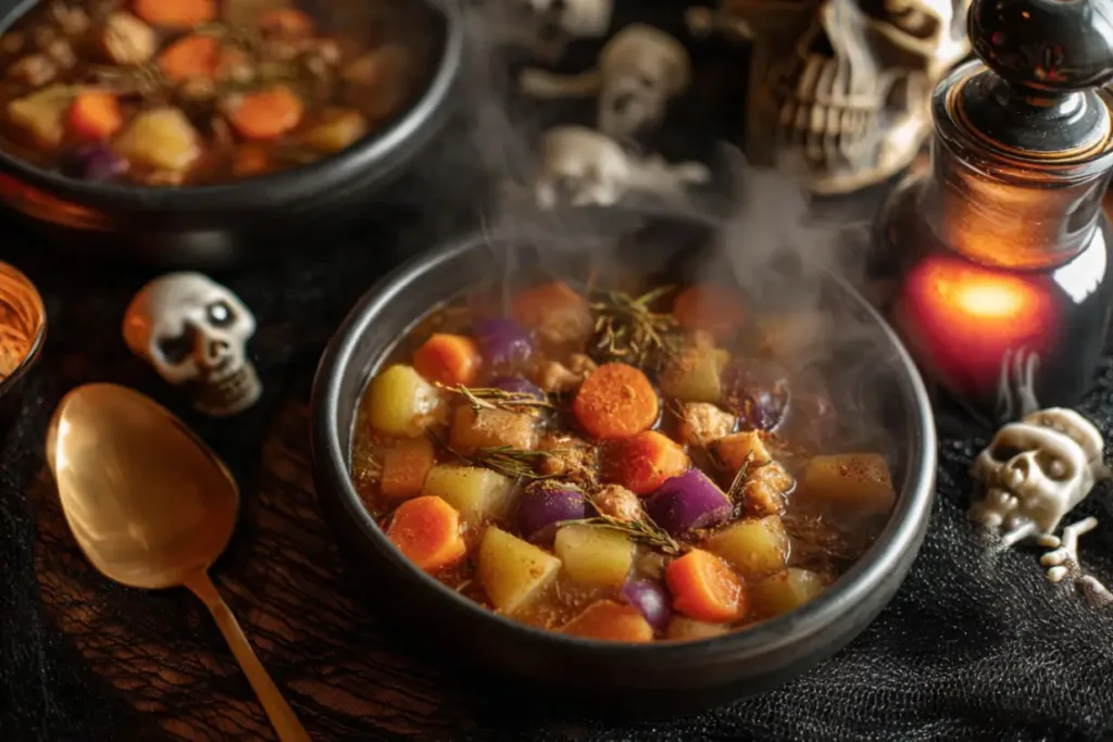 Witches Brew Stew (Halloween Soup) in a Cauldron