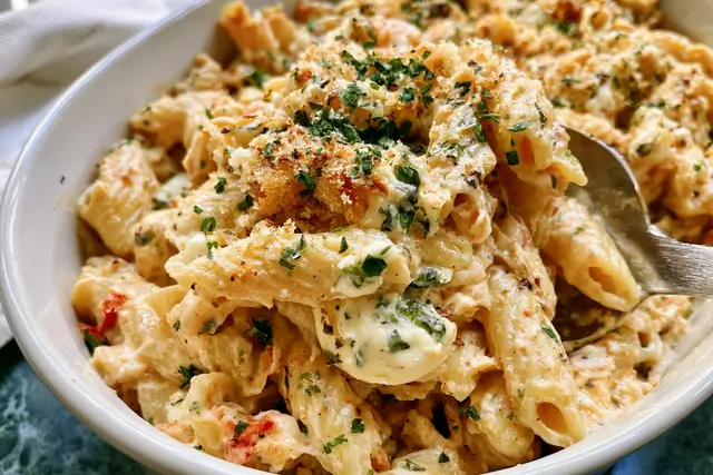 Creamy Boursin cheese baked with cherry tomatoes, garlic, and pasta tossed with fresh basil.