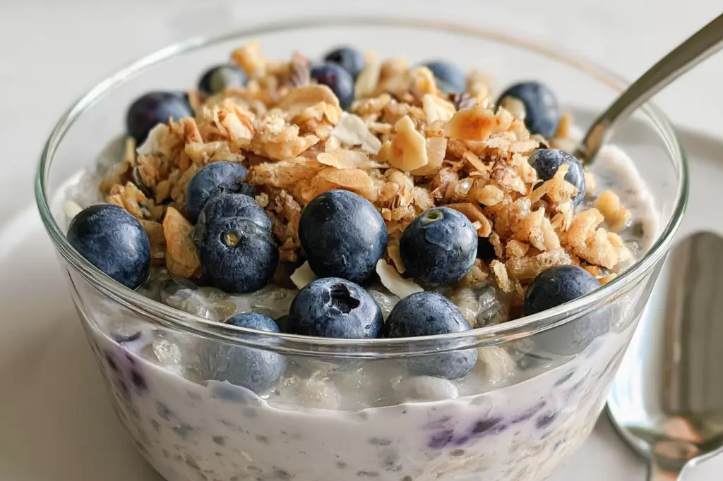 Creamy blueberry crunch overnight oats topped with fresh blueberries and crunchy granola