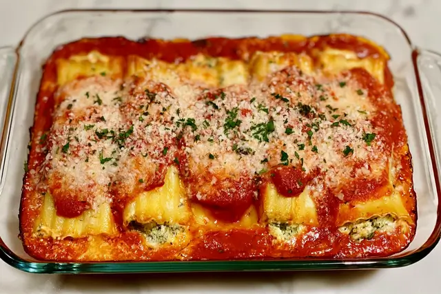 Baked manicotti shells stuffed with ricotta and mozzarella cheese in marinara sauce.