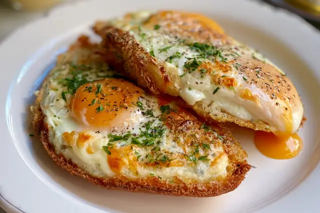 Crispy golden mozzarella and fried eggs topped with oregano and served with fresh tomato slices