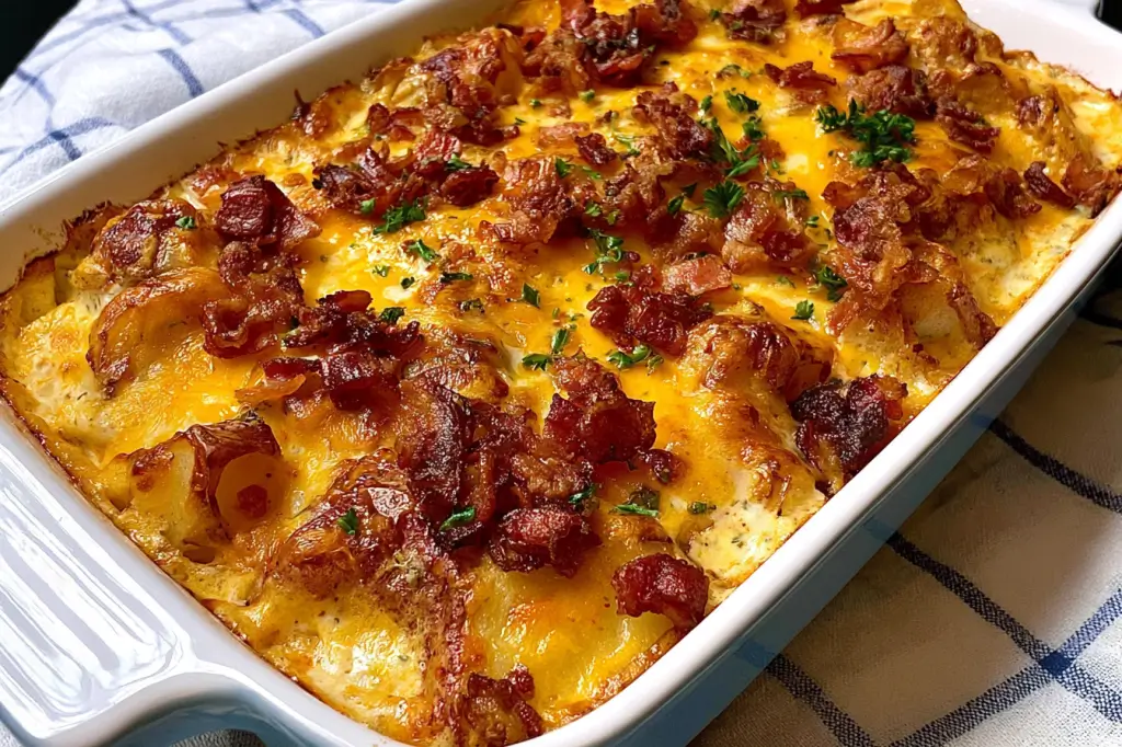 Cheesy bacon ranch potato casserole layered with frozen hash browns, sour cream, and cheddar