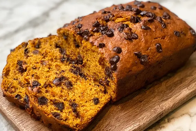 Moist pumpkin chocolate chip bread loaf studded with sweet chocolate and crunchy walnuts.