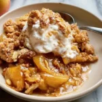 Warm spiced baked apples topped with a crunchy oat and brown sugar crumble.
