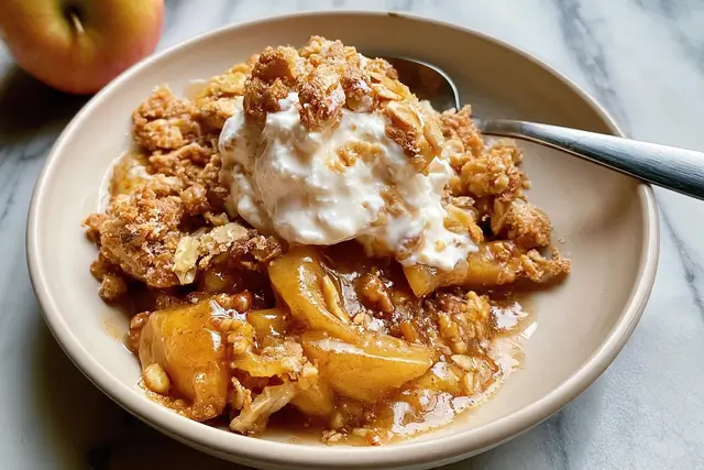 Warm spiced baked apples topped with a crunchy oat and brown sugar crumble.
