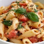 Penne pasta tossed with roasted cherry tomatoes, melted feta cheese, garlic, and fresh spinach
