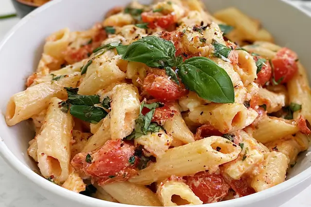 Penne pasta tossed with roasted cherry tomatoes, melted feta cheese, garlic, and fresh spinach