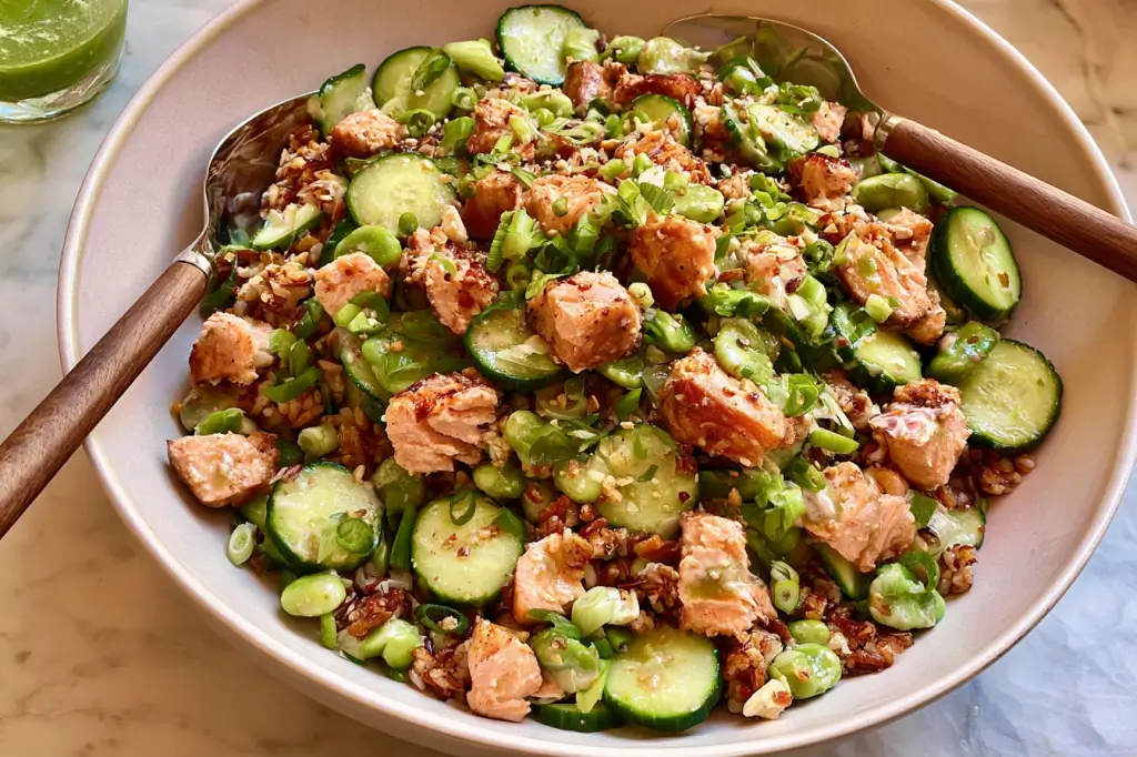 Crispy Rice Salmon Cucumber Salad with Creamy Asian Dressing 4 Crispy Salmon Rice Salad