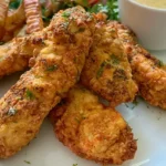 Crispy air fryer chicken tenders coated in seasoned flour, paprika, and herbs