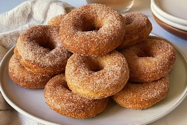 Warm homemade baked apple cider donuts coated in a spiced cinnamon sugar topping.