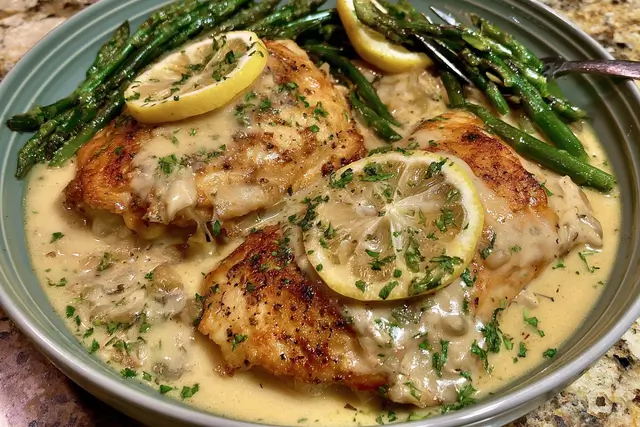 Golden seared chicken breasts coated in a creamy lemon garlic and Parmesan sauce