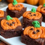 Pumpkin Patch Halloween Brownies: Delightful Fall Treats 5 Fudgy Pumpkin Patch Halloween Brownies topped with green icing grass and mellowcreme candy pumpkins.