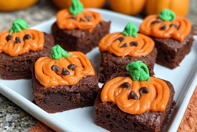 Pumpkin Patch Halloween Brownies: Delightful Fall Treats 3 Fudgy Pumpkin Patch Halloween Brownies topped with green icing grass and mellowcreme candy pumpkins.